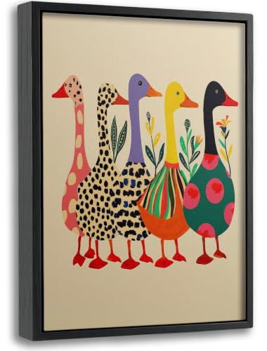 Framed Duck Canvas Wall Art, Colorful Patterned Duck Painting Picture Wall Decor, Whimsical Farm Animal Poster Print Artwork for Kids Room Living Room Home Decoration 8x10in