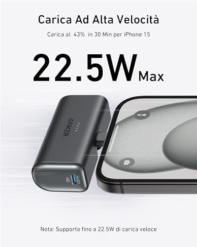 Nano Power Bank 5000 mAh 22,5 W, Ricarica Rapida Connettore USB C Pieghevole Integrato, Compatibile con iPhone 17 Pro Max/Serie 16-12, Samsung S25 Ultra, Huawei, iPad e Molto Altro(Nero) - Gadget - Immagine 1