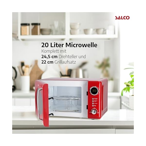 Salco Retro Mikrowelle I mit Grillfunktion I 800W I metallic-rot I 8 Automatikprogramme I 5 Leistungsstufen I 60-Minuten-Timer I Kindersicherung I Drehteller Ø 24,5 cm I Auftaufunktion – Bild 4