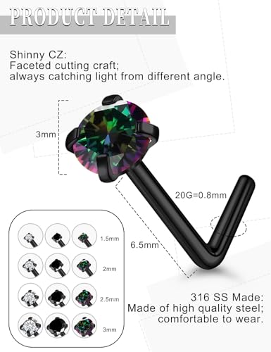 18G 20G Black Nose Rings Studs Piercing Jewelry for Women 316L Surgical Steel L Shaped Screw Straight Diamond CZ Nose Rings Studs Nostril Piercing Jewelry for Women Men Hypoallergenic2