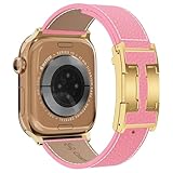 Leather Band Compatible with Apple Watch BandUltra 2 1 Series 10/9/8/7/6/5/4/SE,H-Shaped Buckle strap for iWatch 38/40/41/42/44/45/46/49mm Women Men (Pink Band + Gold H Buckle, 44mm 45mm 46mm 49mm)