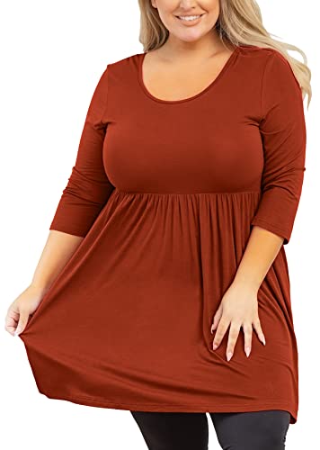 AusLook Plus Size Tunic Tops for Women 3/4 Sleeve Purple 0X Blouses Crewneck Clothes Pleated Clothing Flowy Babydoll Summer Fall Winter Maternity Shirts