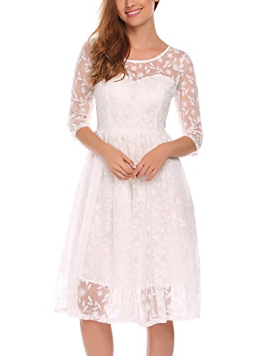 ACEVOG Women's Vintage Floral Lace Half Sleeve Cocktail Evening Party Swing Dress White