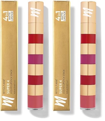 Image of MyGlamm Super 4 Liquid Lipstick Stack - True Bolds (Red + Plum + Vermillion + Pink) | Non Transfer, Smudge Proof 4 in 1 Velvet Matte Lipstick (4.8ml) (Pack of 2)