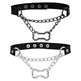 Cupimatch Gargantilla de piel con anillo en forma de hueso, negro, collar para mujer, ajustable, estilo gótico, punk, accesorios para Halloween, festivales y fiestas, Metal