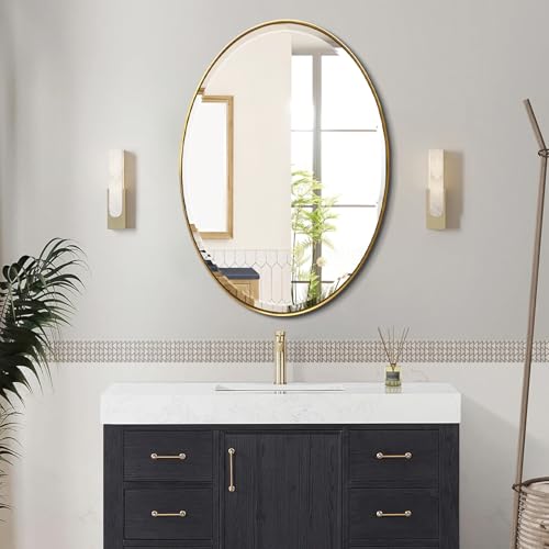 POZINO 30"x22" Brush Gold Oval Beveled Bathroom Mirror for Over Sink