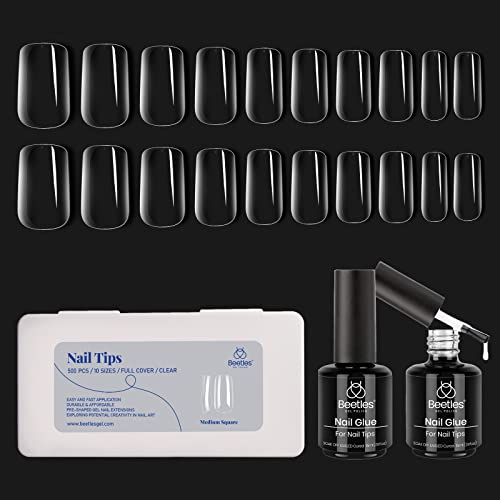 beetles Gel Polish 2 in 1 Nail Glue and Base Gel Kit for Acrylic Nails, and Medium Square False Nails Tips 500Pcs