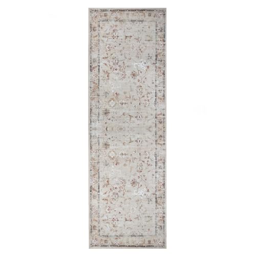 SUPERIOR Floral Scroll Washable Runner Rug, Cotton Backing, Carpet for Dining Table Mud Room, Non-Slip Rug for Hallway, Entry, Kitchen, Low Pile Area Rug, Swan Collection, 2' 7" x 10', Cream