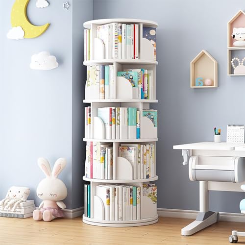 Image of LSZMXI Rotating Bookshelf Tower, 4/5 Tier Circular Bookcase for Kids&Adults, Wood 360° Floor Standing Book Storage Rack, Spinning Bookshelfs Tower for Classroom Playroom Study Bedroom (White, 1-5)