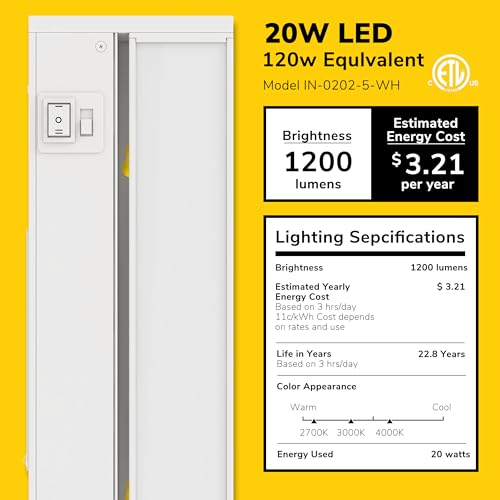 Image of GETINLIGHT 40-Inch Swivel LED Under Cabinet Light, 3-CCT Selectable, White | Choose from 2700K, 4000K, or 5000K. Glass lens, wall-dimmer compatible. Model: IN-0202-5-WH