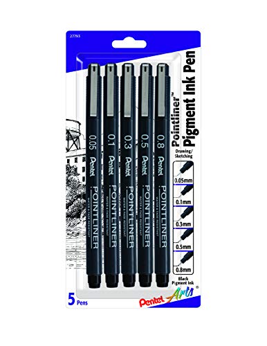Pentel Arts Pointliner Drawing Pen, 5-Pack, Assorted Sizes, Black Ink (S20PBP5A)