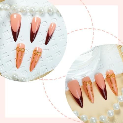 Image of Red French Tip Press on Nails Bow Fake Nails Long Stiletto False Nails with Design 3D Gold Bowknot Glue on Nails Glossy Artificial Acrylic Nail Full Cover Nude Stick on Nails for Women Manicure 24Pcs