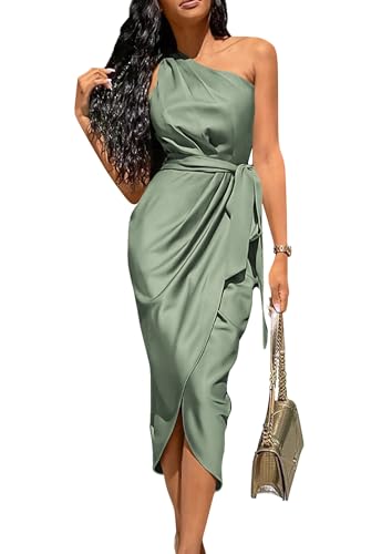 Image of PRETTYGARDEN Women's Summer One Shoulder Ruched Satin Dress Sleeveless Wrap Spring Wedding Guest Cocktail Midi Dress