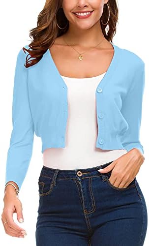 Women's Trendy Bolero Shrug Open Front Cropped Cardigan 3/4 Sleeve Short Coat/Sweater (L, Light Blue)
