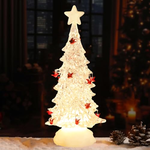Yinns Acrylic Christmas Tree, Christmas Tree with LED Lights, Cardinal Xmas Tree Snow Globe with Swirling Glitte, Tabletop Decor for Xmas Decoration Indoor Home Party Supplies