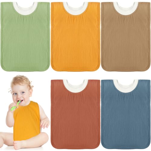 Image of Newwiee 5 Pcs Large Muslin Pullover Baby Bibs Full Coverage Toddler Slip on Absorbent Bib Waterproof Toddler Towel Bibs (Classic Color)