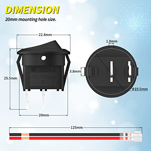 Joinfworld Round Rocker Switch 12V On Off Switch 12 Volt Dc Circle Toggle Switch 2 Pin Spst 6A/250V 10A/125V Ac 20Mm Mini Rocker Switch With Wires For Auto Car Marine Boat -10Pcs #TOP1