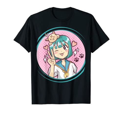 Anime Gato y Niña Manga Kawaii Gato Camiseta