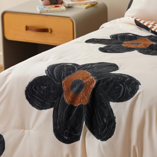 Image of Luxlovery Toddler Comforter Set Black Beige Sunflower Kids Boho Bedding Set Bed Set for Dorm 4 Pieces (1 Comforter, 1 Flat Sheet, 1 Fitted Sheet, 1 Pillowcase)