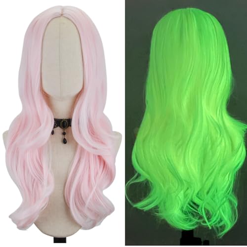 FREE BEAUTY Glow in the Dark Wig for Women 26 Inch Middle Part Wavy Hair Wig Pink Synthetic Heat Resistant Fiber for Party Cosplay Use