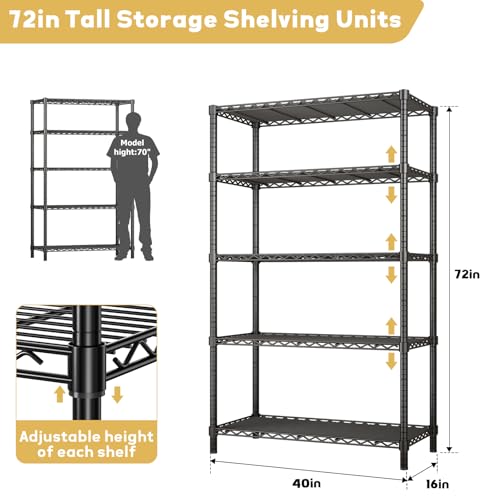 Image of ROOMTEC 5-Tier Adjustable Wire Shelving Unit, 40 inchx16 inchx72 inch, 2000 lbs