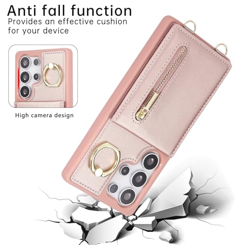KYFSJPT Crossbody Wallet Case for Samsung Galaxy S25 Ultra, with Card Slots Zipper Pocket Case, Flip Folio Purse RFID Blocking with Ring Kickstand Detachable Strap-Pink by KYFSJPT - Used condition - Image 5