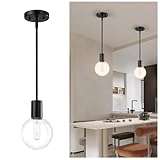Caisens 1 Light Black Pendant Light with Clear Globe Glass, Dual Mount of Semi Flush Ceiling Light for Hallway, Adjustable Hanging Light Fixture for Kitchen Island Dining Room