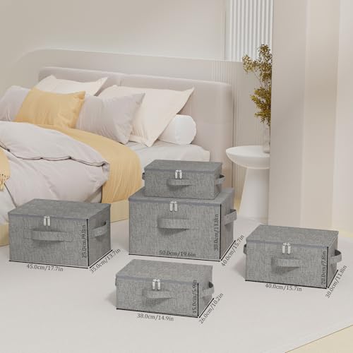 ENUMAIL 2er Set Faltbarer Ordnungsboxen mit Deckel, Aufbewahrungsbox mit Griff, Kleiderschrank Boxen Kann im Schlafzimmer, Wohnzimmer Verwendet Werden, 50×40×30cm, Grau
