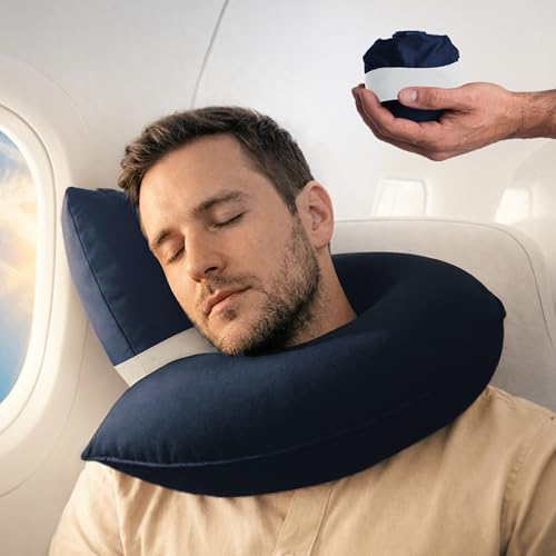 CANDY CANE Inflatable Neck Pillow for Airplane Travel with J-Shaped Design and 360° Support - Head, Neck & Chin Rest for Any Seat, Including Window Leaning - Compact Blow-Up Travel Pillow