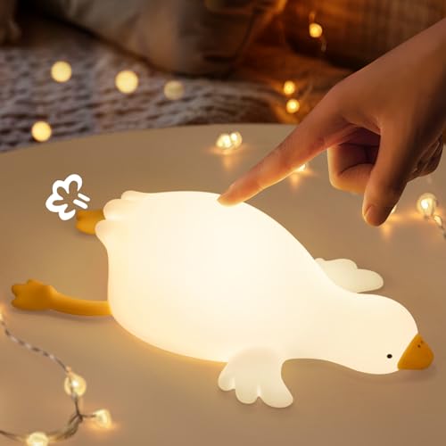 ICARER FAMILY Duck Night Light for Kids Bedroom, 3 Lightness Auto-Off LED Rechargeable Silicone Squishy Tap Control, Nursery Lamp for Baby, Toddler, Girls and Boys