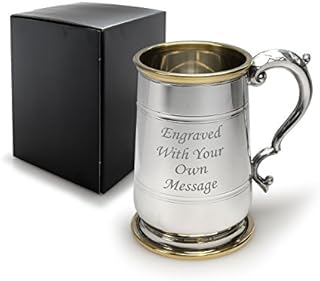 EIO Gifts Personalised 1 Pint Pewter Hallam Tankard / Mug with Brass Trim - Can Be Engraved with Any Custom Text