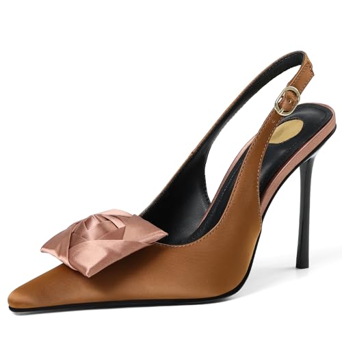 Image of Satin Slingback Pumps Women Floral Knot Pointed Toe Stiletto Heels