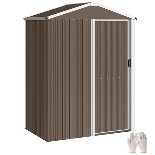 Outsunny Caseta de Jardín Exterior 1,1 m², 136x87x179 cm, Cobertizo de Jardín Exterior Metálico con Puerta Corredera, Techo Inclinado y Guantes, para Almacenaje de Herramientas, Marrón