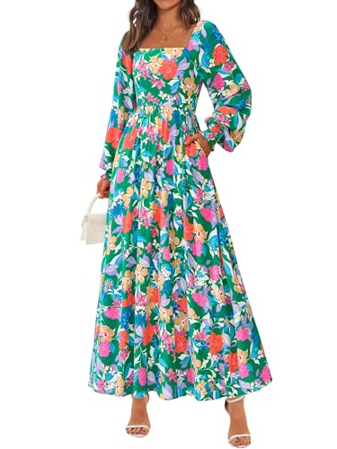RETTYGARDEN Women Floral Maxi Dresses 2025 Fall Long Sleeve Square Neck Boho A Line Wedding Guest Casual Flowy Long Dress(Green Floral,Small)