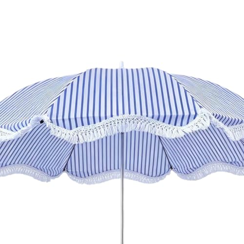 Sombrilla de playa a rayas con protección UV y resistente al viento para terraza 7