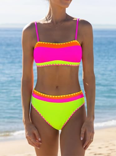 popvil Women's Neon Color Block Bandeau Swimsuits Strapless Bikini Sets Two Piece Bathing Suits3