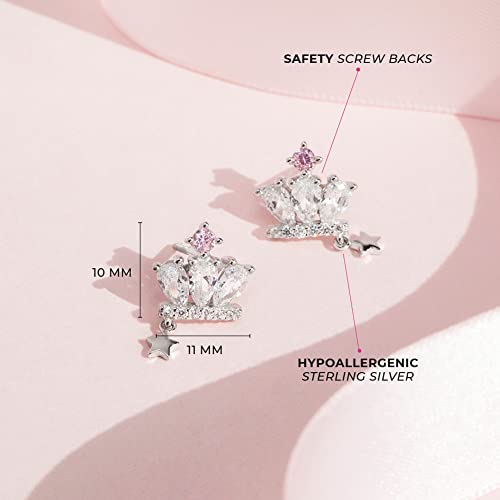 925 Sterling Silver White-Pink Cubic Zirconia Princess Crown Earrings Set With Screw Back Locking for Young girls and Pre Teens Royal and Party Attires4