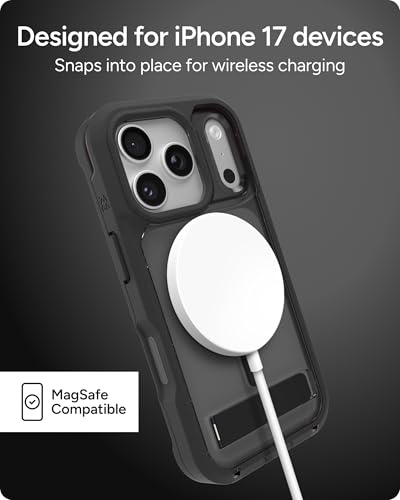 Image of ZAGG Rainier Case with Kickstand for iPhone 17 Pro - Smoke Black, Graphene 22ft (7m) Drop Protection, Lanyard Attach Points, MagSafe, Wireless Charging Compatible, 2-Piece Design, Phone Case