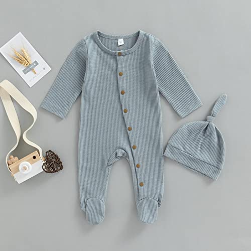 Newborn Infant Baby Boy Girl Fall Winter Clothes Long Sleeve Button Waffle Knit Footed Romper Hat 2Pcs Outfit2