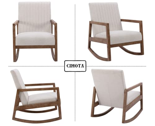 Cimota Mid Century Rocking Chair Modern Linen Armchair Upholstered Arm Chair With Padded Seat/Wood Frame, Comfy Rocker For Living Room/Bedroom/Nursery, Linen/Beige #TOP5