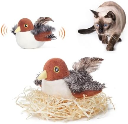 Potaroma Cat Toys Rechargeable Flapping Bird Sparrow — shown in a real home setting for scale