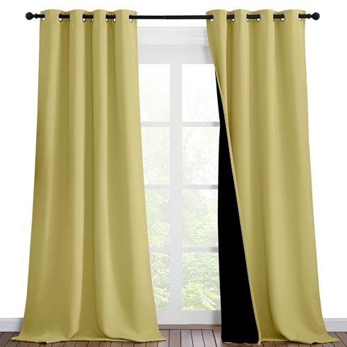 Image of NICETOWN 100% Blackout Blinds, Set of 2, 46 inches x 102 inches, Laundry Room Decor Window Treatment Curtains for Large Patio Sliding Door, Thermal Insulated Paler Yellow Curtains for Bedroom