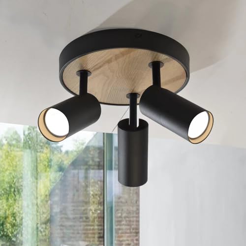 Faretto a Soffitto 3 Fiamme, Plafoniera in Legno Nero,Faretto Orientabile Design Plafoniera,Spot Plafoniera Rotonda per Cucina,Soggiorno,Camera da Letto,Corridoio,Sala Da Pranzo,Camere,Ristoranti,Gu10