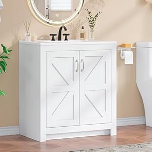 Farmhouse Bathroom Vanity with Sink, Freestanding Bathroom Vanities with Ceramic Basin & Soft-Close Door, Wood Storage Cabinet with Adjustable Shelf for Apartment & Small Space (White, 30″)