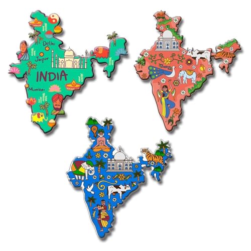Image of CAPIO ART MDF Wooden Indian Map Fridge Magnet Pack of 3 | Sleek & Trendy Multipurpose Door Magnet, Office Magnet, Decorative Souvenir for Home & Kitchen | (Multicolor)