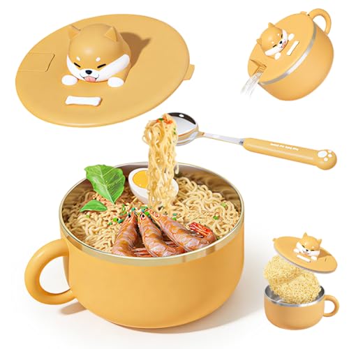 DASIAUTOEM Ramen Ciotola con coperchio, 1200 ml, ciotola istantanea in acciaio inox, ciotola per zuppa con coperchio e forchetta Ramens Bowl, isolamento termico, sigillo per zuppa e noodle insalate