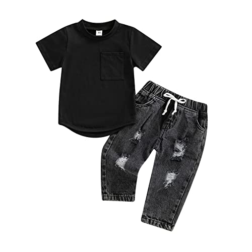 Toddler Baby Boys Denim Outfits Solid Color Short Sleeve T-Shirt Tops + Ripped Jeans Pants Set (Black, 2-3 Years)