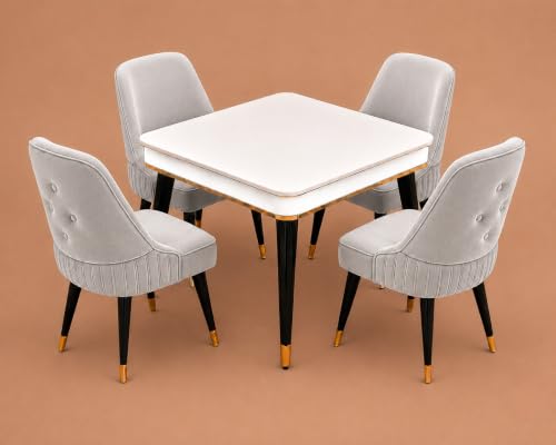 Image of WOODEN SPACE 4 Seater Wooden Dining Table Set | Urban Marble Top Dining Table with Chairs for Dining Room & Kitchen (Modern Grand Aura Light Grey) (42 x 42 x 30 inch)