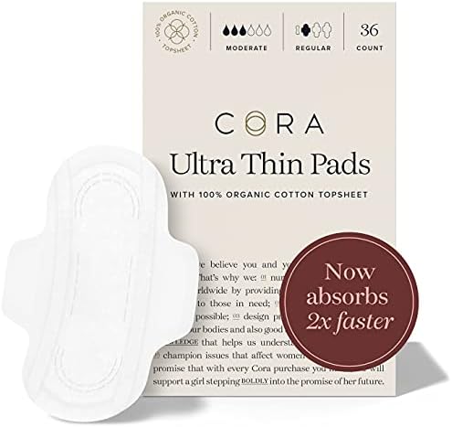 Cora Organic Pads | Ultra Thin Period Pads with Wings | Regular Absorbency | Ultra-Absorbent Sanitary Pads for Women | 100% Organic Cotton Topsheet (36 Count)