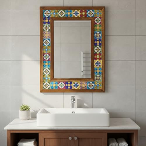 Decorative Wall Mirror with Wooden Frame & Ceramic Tile Design La...